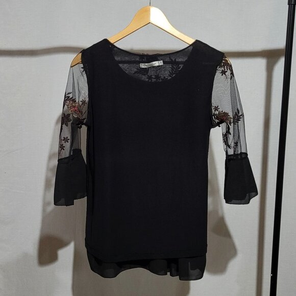 Elena Baldi blouse lacy goth fairy shirt sheer sleeves back floral embroidery - Picture 8 of 13